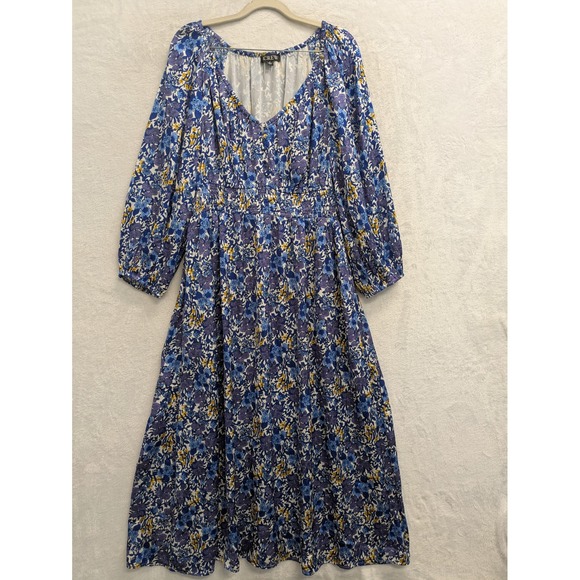 J. Crew Dresses & Skirts - J. Crew‎ Floral Print Puff Sleeve Midi Dress Blue Yellow Womens Size M